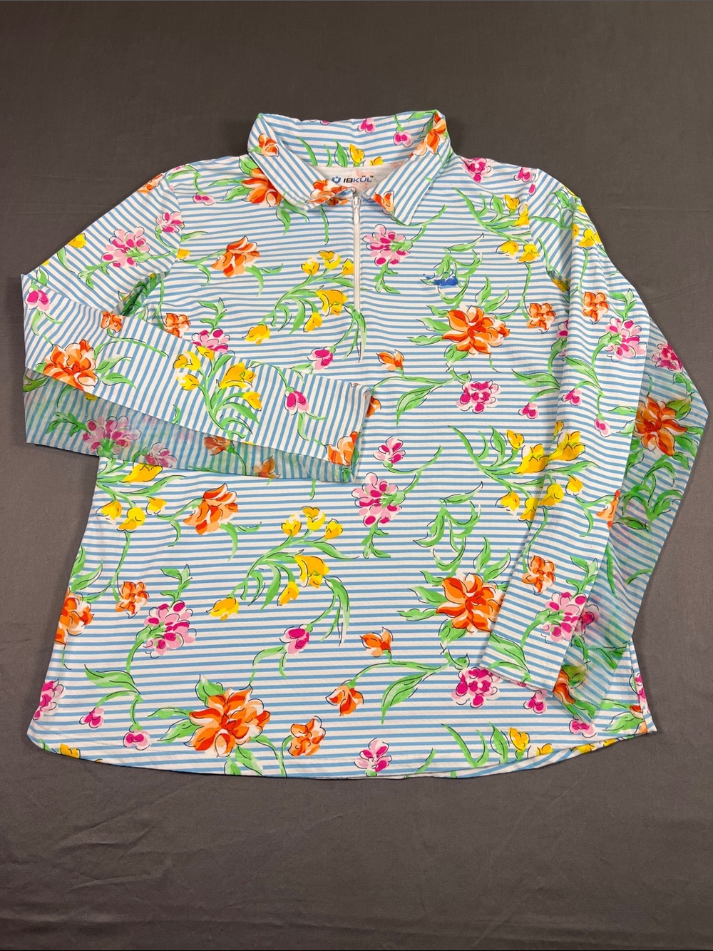 IBKUL Floral Stripe Button-Down Long Sleeve Top - Blue, Green, Yellow & Pink